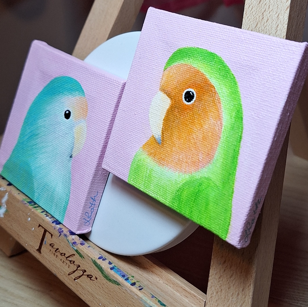 Rosy-faced Lovebirds Hand-painted Canvas Magnets - Set of 2 - Picture 6 of 9